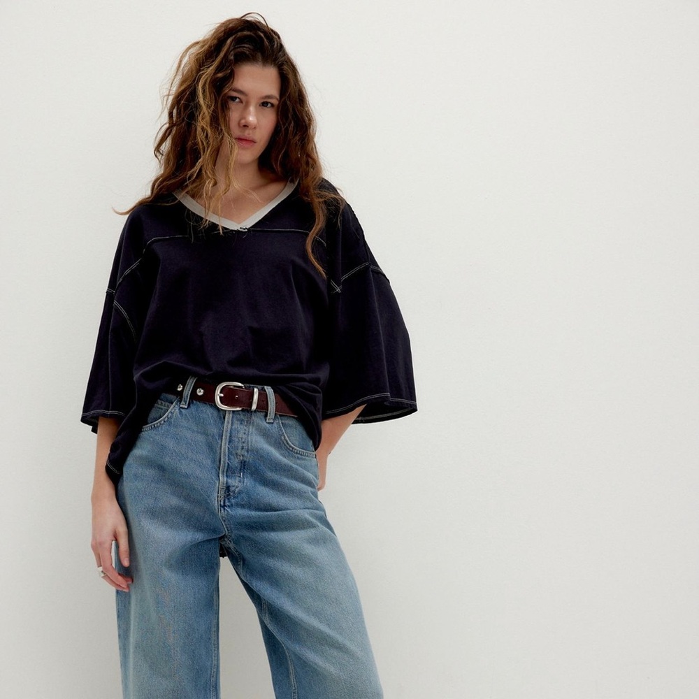 Free People Black Oversized V-Neck Top with Contrast Stitching